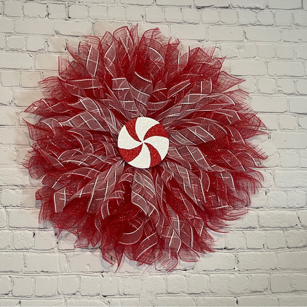 Christmas Handmade Peppermint Flower Wreath, Door Hanger, Wall Hanger